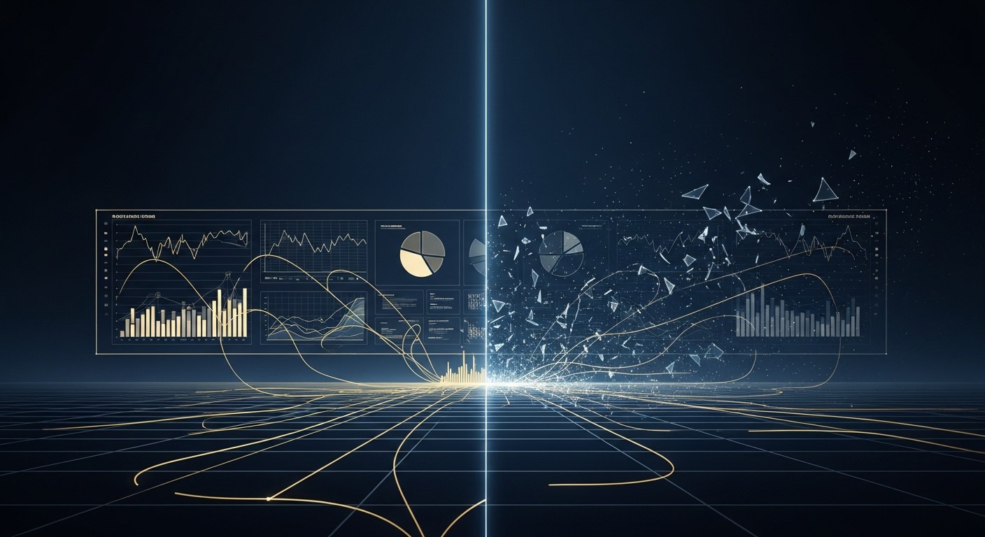 Editorial illustration of an IT operations dashboard in navy and gold