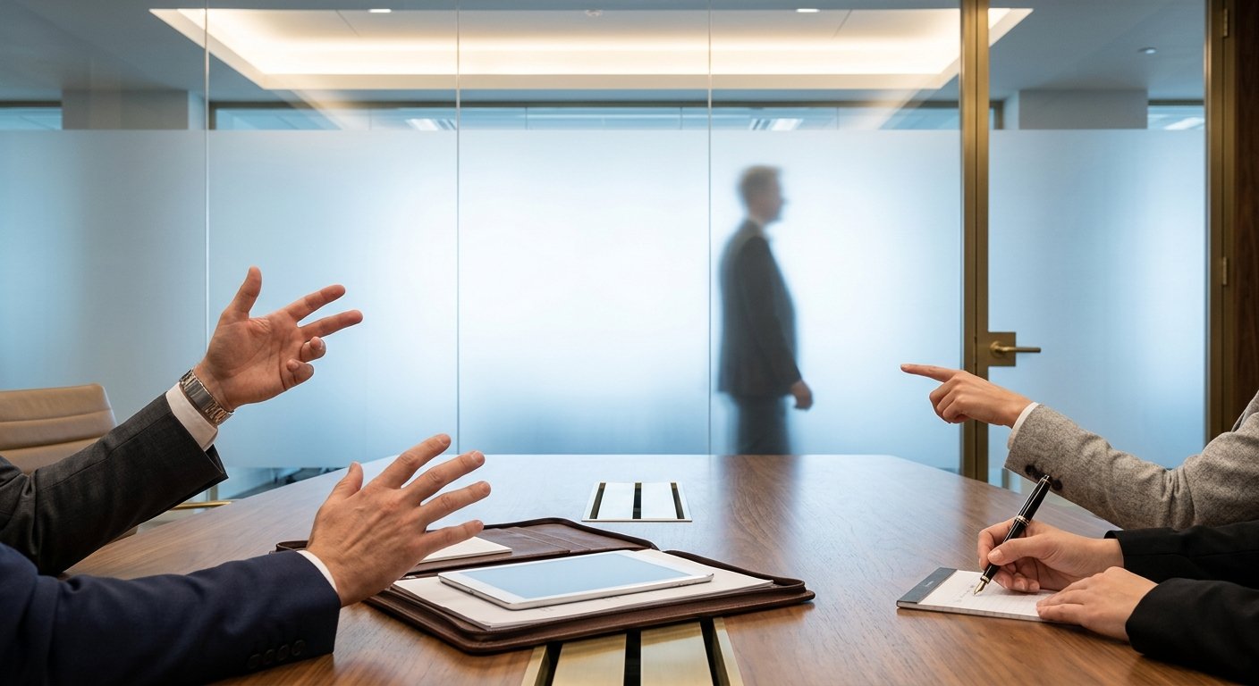 Editorial photograph representing executive reputation and boardroom dynamics