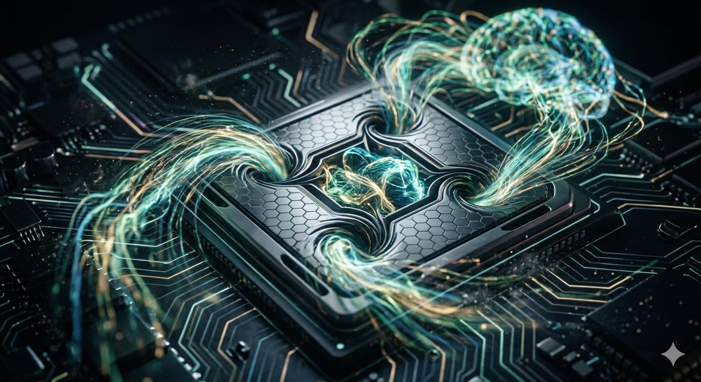 Abstract illustration of luminous data flowing into a central compute die