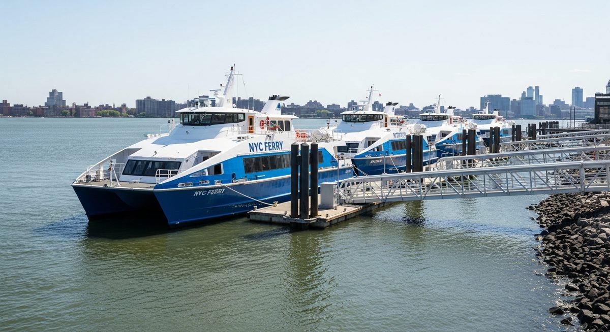 NYC Ferry vessels at waterfront terminal