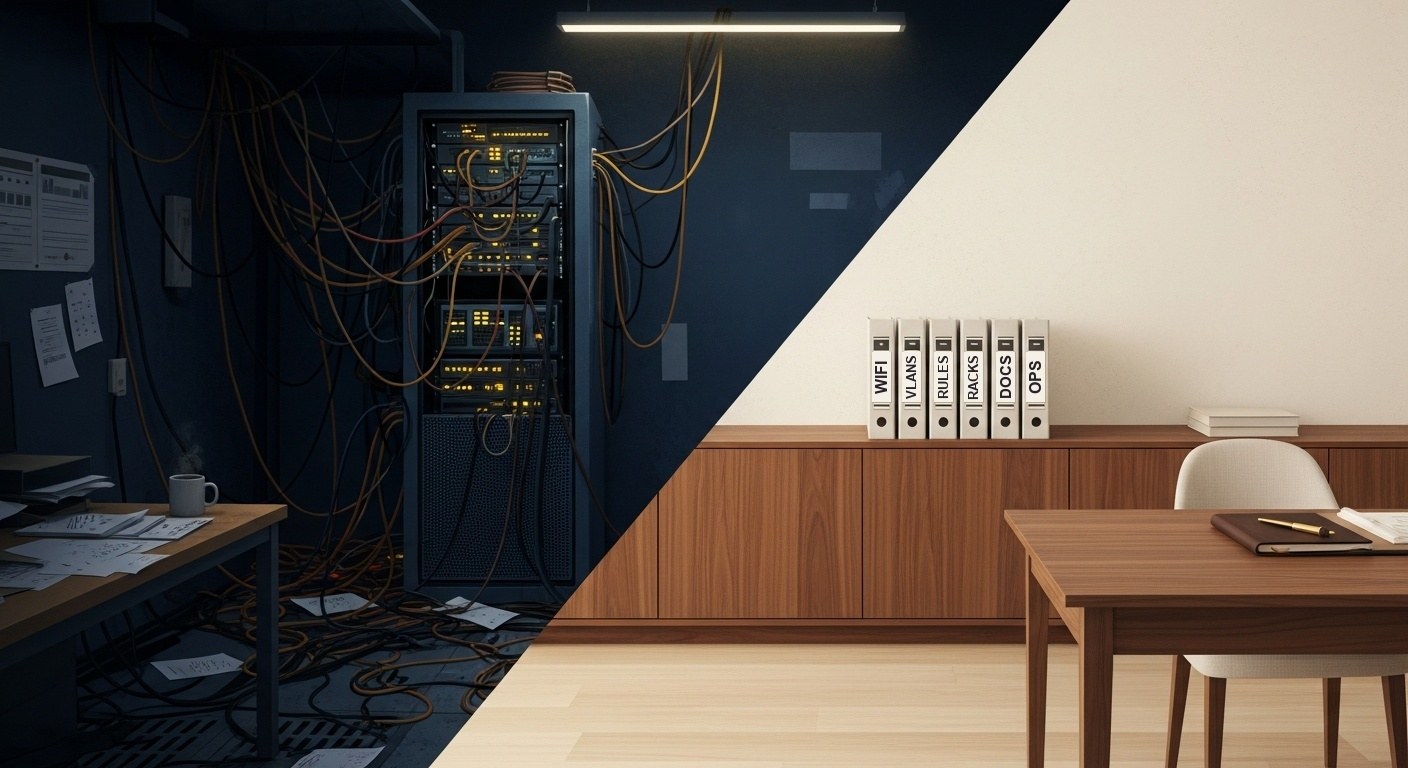 Messy server rack on the left, clean office with labeled binders on the right