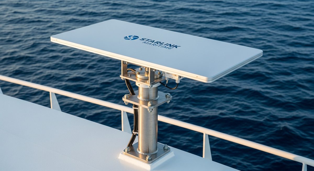 Starlink maritime antenna on a commercial vessel