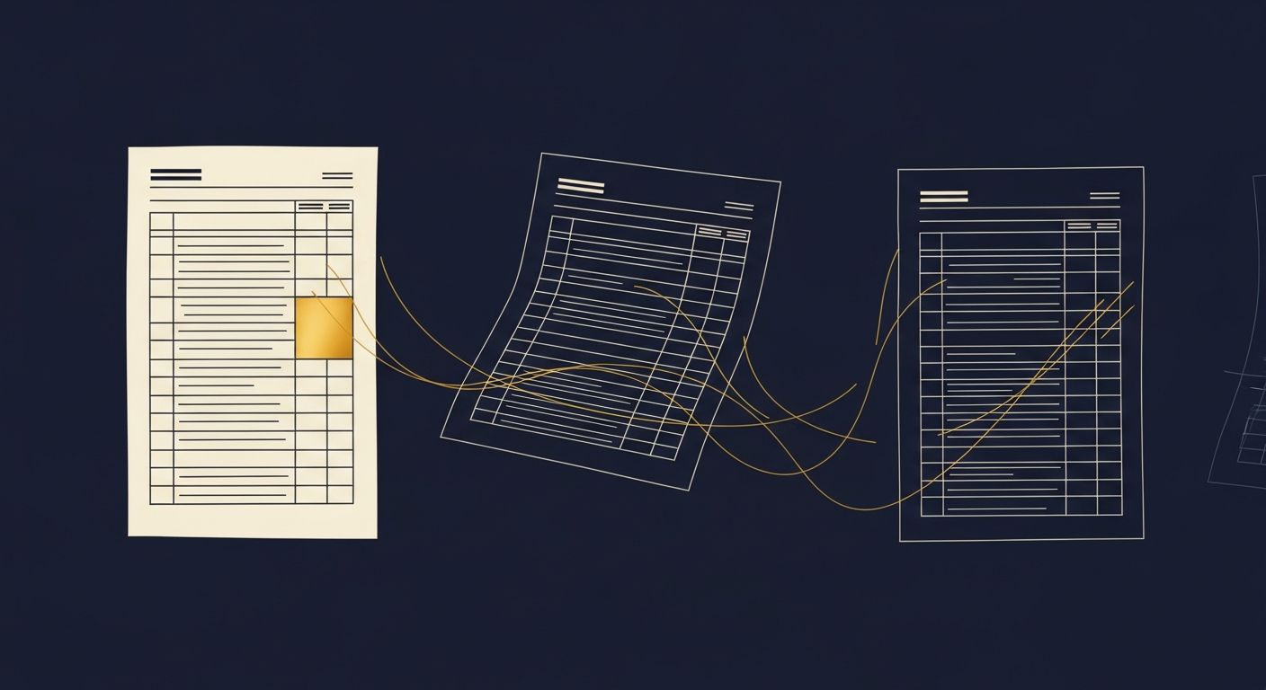 Editorial illustration of a balance sheet with one line item highlighted and an arrow pointing off the page into a shadowed ledger